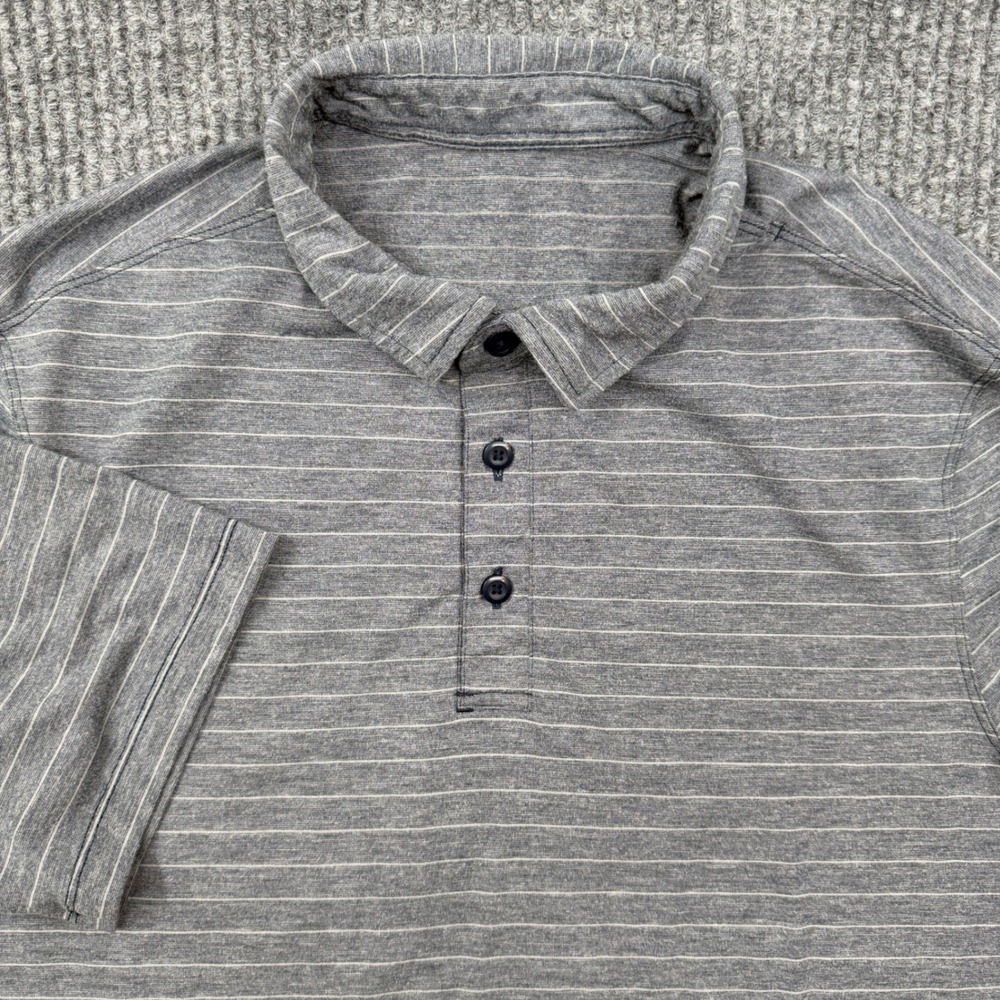 Lululemon Polo Shirt Men Medium Gray Striped Short Sleeve Evolution Tech Pique